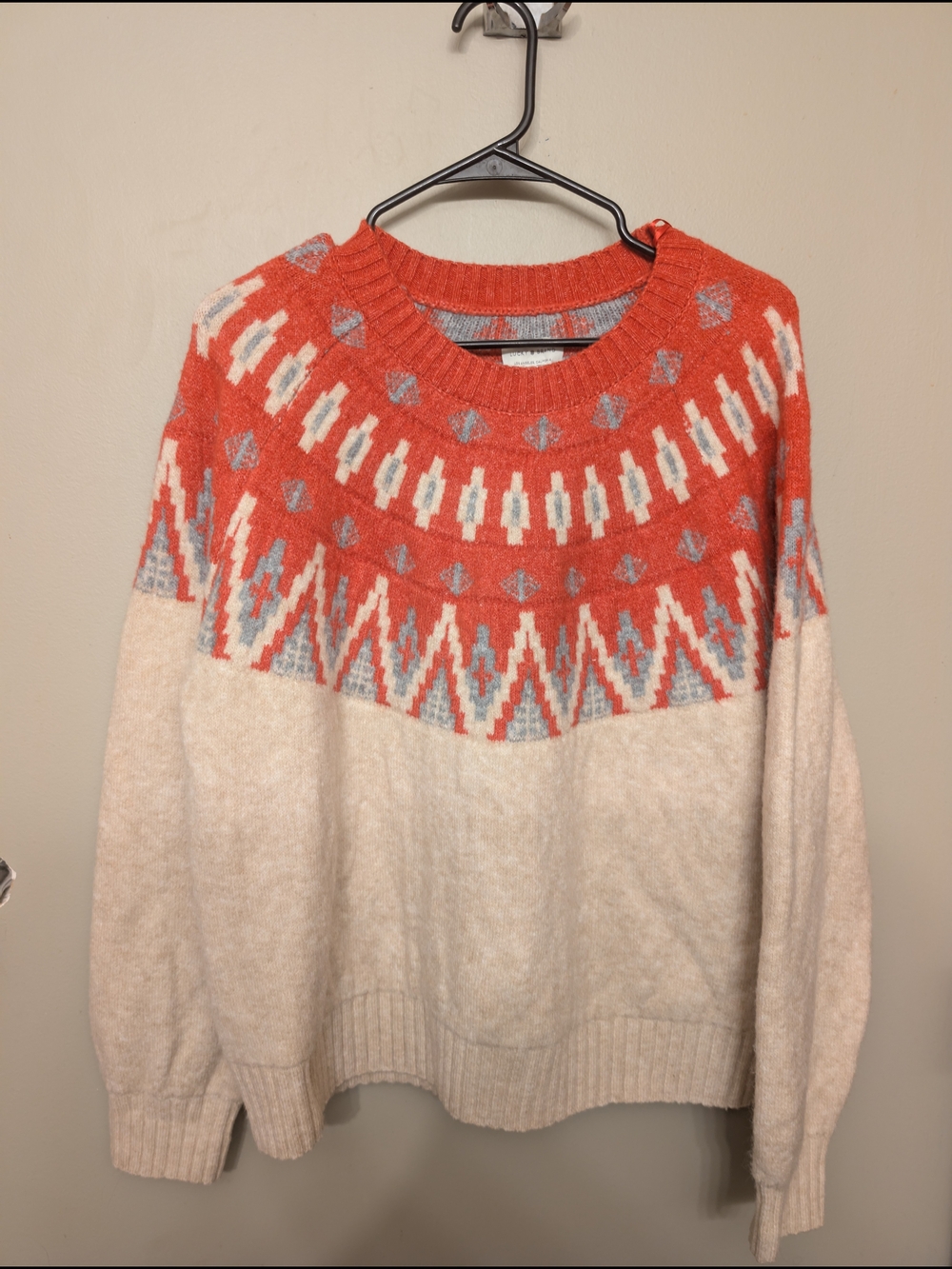 Lucky Brand Coral & Cream Fair Isle Crewneck Sweater